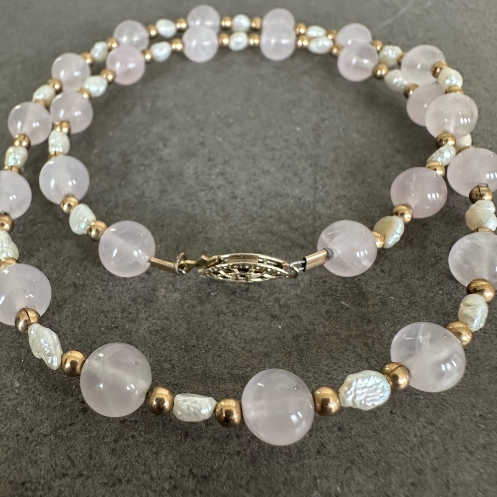 Vintage 14k Gold Filled Rose Quartz Freshwater Pearl Necklace